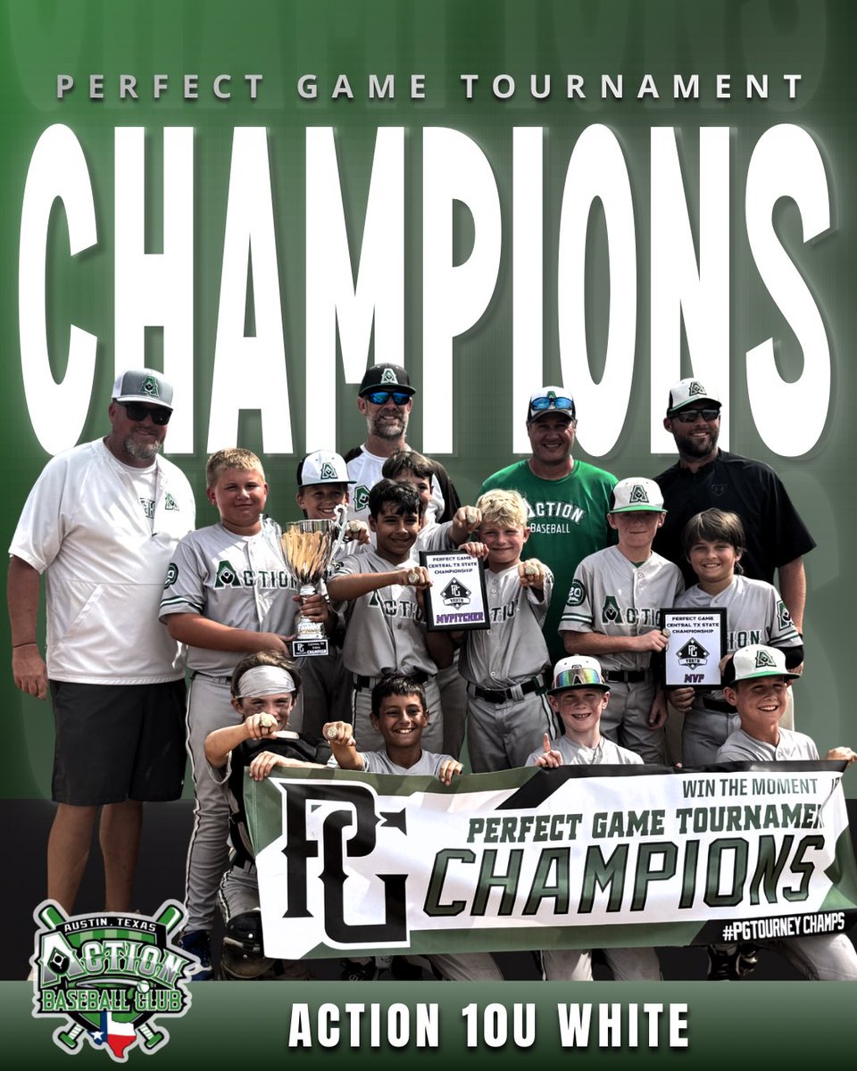 ActionBaseball's tweet photo. 🏆CHAMPIONS 🏆

Congrats to 10U White for winning the 2026 @pg_tourney 10U AAA Central Texas State Championships 👏🏼👏🏼

This group went 5-0 + outscored their opponents 46-18! 

We are so proud of these guys for putting in the work &amp; are excited to watch them get back out there ⚾️ https://t.co/NA2bQ4Vjyo