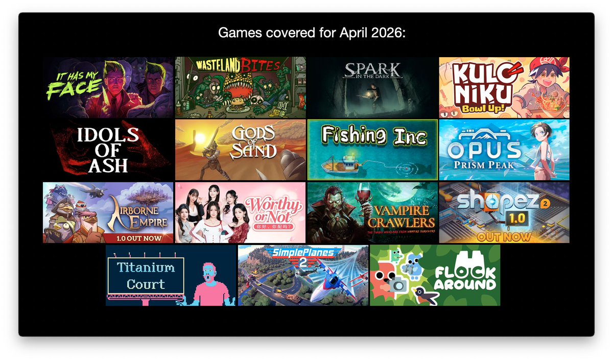 TPA017's tweet photo. Alrighty. The look at games in April’s out, slightly delayed, but with some interesting titles like Idols of Ash and SimplyPlanes 2.

https://t.co/EjM1tbYf40 https://t.co/ry7JsjEfvt