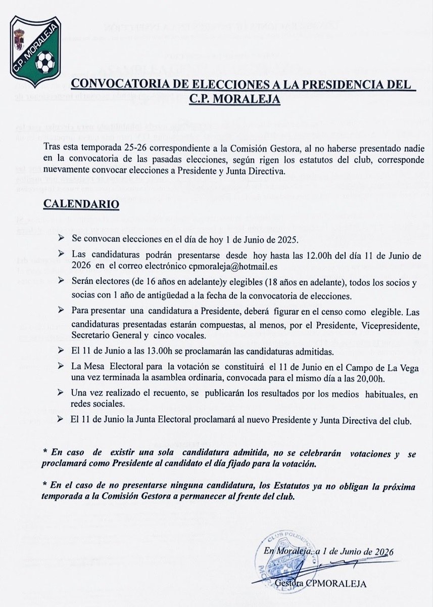 moralejacp's tweet photo. 🚨ATENCIÓN🚨

CONVOCATORIA ELECCIONES CPMORALEJA

Desde hoy está abierto el plazo de Presentación de Candidaturas a Presidencia/Directiva CpMoraleja

Se tiene que realizar a través correo electrónico: 

cpmoraleja@hotmail.es

El plazo finaliza el 11/6/26 - 12:00h.

#SiempreCP🤍🖤 https://t.co/WqV8NJr3fG