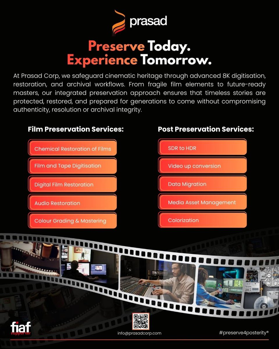 PrasadCorp's tweet photo. Preserving cinematic heritage for future generations. 🎬 From film digitization and restoration to audio preservation and media asset management, we help keep timeless stories alive.

Read more: https://t.co/291mxHItvk

#PrasadCorp #FIAF https://t.co/JkWxzbEHy2
