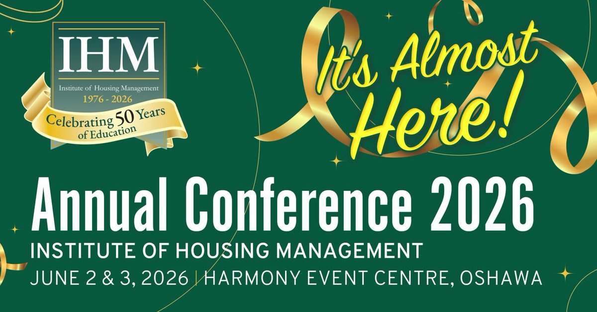 IHM_Canada's tweet photo. 2026 Annual IHM Conference - 1 day away

Join the 2026 Annual IHM Conference, June 2–3 in Oshawa!

Connect with 100+ housing &amp; property management leaders.

Don’t miss this premier industry event: https://t.co/2SkH7Avew0

#HousingManagement #IHMCONFERENCE2026 #Networking https://t.co/SwaJAz3KDB
