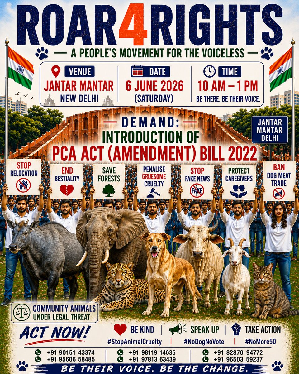 jeevansharya's tweet photo. 📢  Roar4Rights Protest 📢

In a country where "Jeev Daya Parmo Dharma" has long been our guiding principle, we are witnessing increasing cruelty towards animals, rising incidents of bestiality, attacks on caregivers, destruction of forests, and a disturbing erosion of compassion.

It is said that if we remain silent in the face of injustice, we become complicit in it.

Join us at Jantar Mantar on 6th June 2026, from 10:00 AM to 1:00 PM, as citizens, caregivers, rescuers, and animal lovers come together to demand stronger protection for our voiceless animals and meaningful action against cruelty.

📍 Jantar Mantar, New Delhi
📅 6 June 2026
🕙 10:00 AM – 1:00 PM

Your presence matters. Your voice matters. Let us be the voice of the voiceless.

Team Roar4Rights

@aajtak @ABPNews @ndtv @IndiaToday @News18India @republic @TimesNow @ZeeNews @CNNnews18 @the_hindu @IndianExpress @htTweets @TOIIndiaNews @PTI_News @ANI @ANMLDFR @Amitava63051821 @dilthi_gujarati @Malatuli59 @DarPallavi @liteshnarang703 @TarunGhai05 @sahilbhambri90 @ApurvaAhuja4 @avc_201 @madhu1251992 @joedelhi @shweta_par77020 @vinmuk @planet_x999 @pvs000 @YSaghal @__rishabh_7 @CaruSaxena @Bhartipetparent