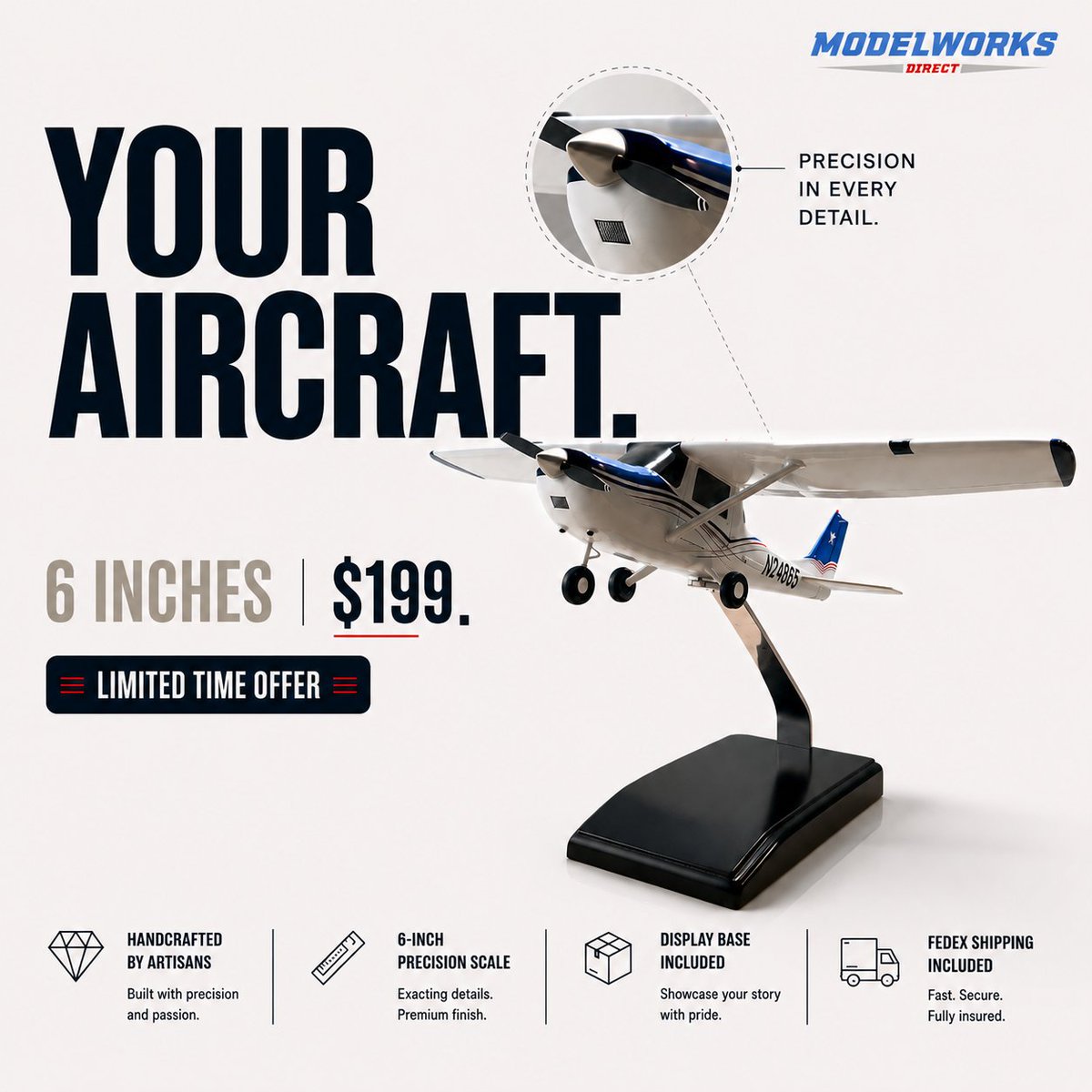 modelworkdirect's tweet photo. $199. Your aircraft. Handcrafted. Forever. ✈️6-inch custom scale model built from your own photos. Display base + FedEx shipping included.⏳ Limited time only. 

👉 https://t.co/UM2izZNp0S #PilotLife #ScaleModel #Aviation https://t.co/lJuCuKMwV3