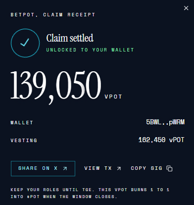 ryantaylor_1312's tweet photo. I just claimed 139,050 $VPOT on @BetPotdotfun, burning 1:1 into $POT at TGE. https://t.co/SxVA9zvw2Q