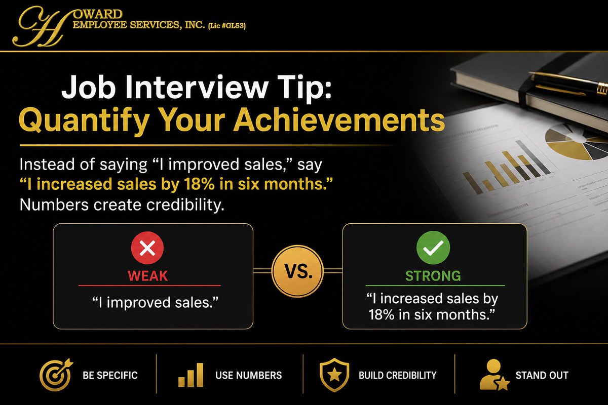 HowardPEO's tweet photo. Job Interview Tip: Quantify Your Achievements
Instead of saying “I improved sales,” say “I increased sales by 18% in six months.” Numbers create credibility. https://t.co/E1j0YoVD5l