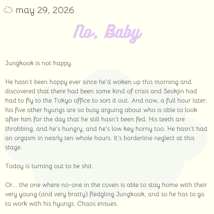 bedtimebangtan's tweet photo. 05/29

for fest friday, please enjoy No, Baby by @Emmascribbles from @btsfangfest: https://t.co/bwSrHMCpJN

remember to check those tags before reading and leave a kudos/comment to show your love 💜 https://t.co/bpyCIMxPvG
