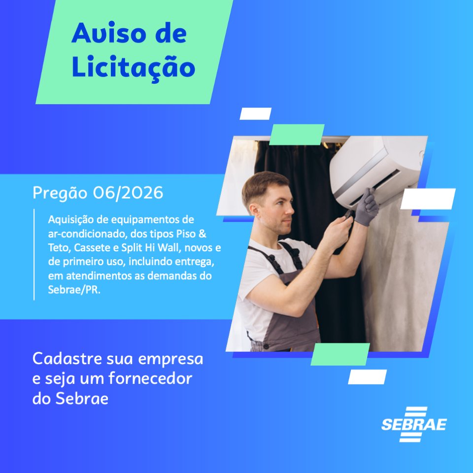 SEBRAE_PR's tweet photo. Atenção empreendedor, estamos em processo de aquisição de equipamentos de ar-condicionado dos tipos Piso &amp; Teto, Cassete e Split Hi Wall, novos e de primeiro uso, incluindo entrega, em atendimentos as demandas do Sebrae/PR. https://t.co/WSOrwXHc4S