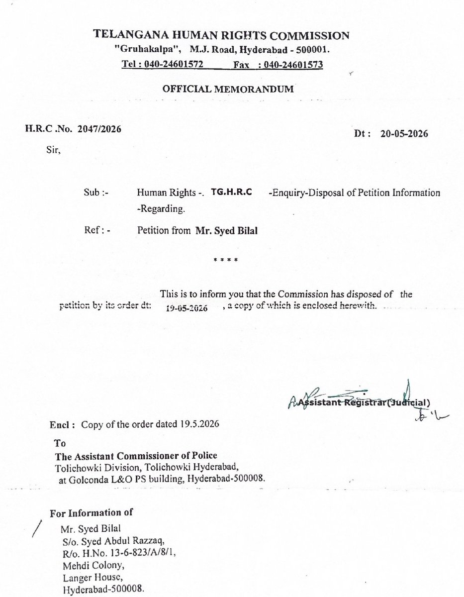 justiceseekin's tweet photo. Respected @hydcitypolice, @acpgolconda, @ACPTolichowki @DCP_SWZ,@SajjanarVC_IPS,@CVAnandIPS
The Telangana Human Rights Commission, vide HRC No. 2047/2026 dated 19-05-2026, recommended that the ACP, Tolichowki Division, examine the grievance and direct the concerned police to take necessary action. I respectfully seek information regarding the action taken pursuant to the Commission's recommendation and request expeditious consideration of the matter in accordance with law.
@TelanganaHRC
#Accountability #RuleOfLaw #HumanRights #HyderabadPolice