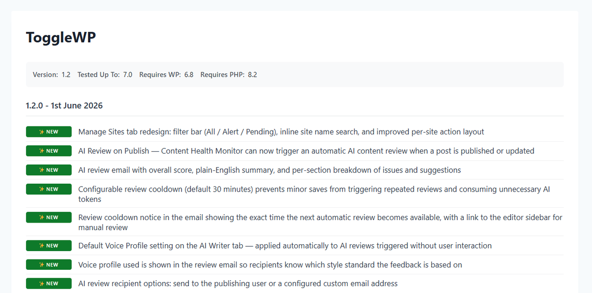 ToggleWP's tweet photo. ToggleWP v1.2.0 is now out, with a selection of improvements to integrate AI page reviews with the content health monitor.

The website crawler is currently in preview, if you'd like to know more and to give it a try please get in touch.
https://t.co/h693s7yysP https://t.co/PxJw09FeRa