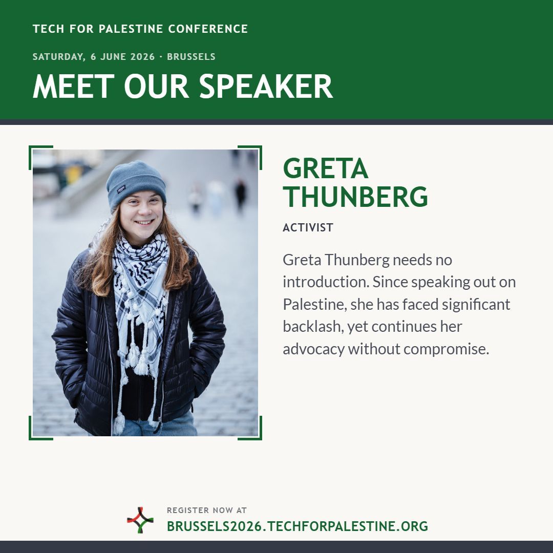 tech4palestine's tweet photo. Announcing our final speaker! We are happy to announce Greta is joining us in Brussels. She will share the stage with our founder Paul Biggar to talk about media bias. https://t.co/3dc1M2J1op