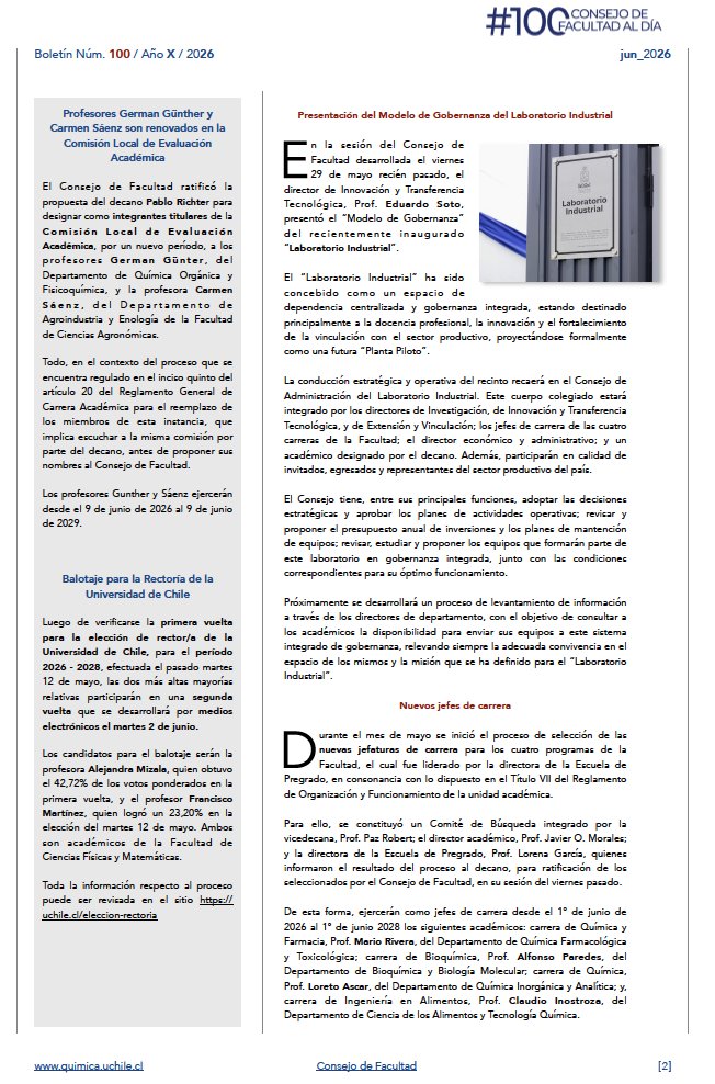 faciqyf's tweet photo. Dejamos a disposición de la comunidad universitaria el Boletín "Consejo de Facultad al Día" Nº100  @QuimicaUdeChile @uchile https://t.co/2WMXxZlSWK https://t.co/GRyWYPIpwv