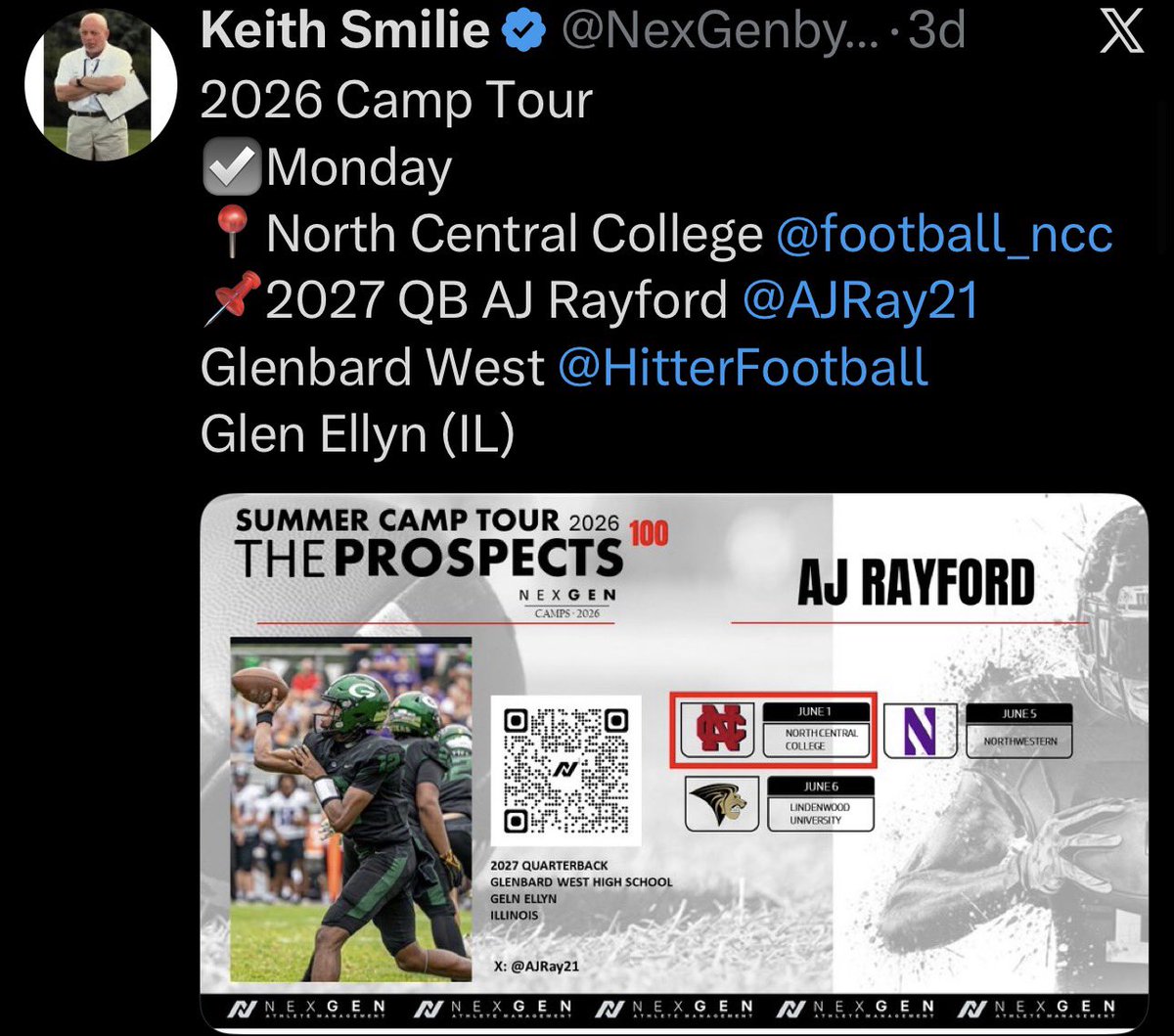 AJRay21's tweet photo. It’s go time this afternoon!!! Excited to get out there and compete. 

@NexGenbyApex @EDGYTIM @offsznbrand @sloche_o @CoachChris_Roll @CoachBigPete @DeepDishFB @mikeclarkpreps @michaelsobrien  @TomLoy247 @GregSmithRivals @ChiPlayerWatch @mwfbrecruiting @Bryan_Ault @sixstarfootball @QBHitList @qbwon @HitterFootball