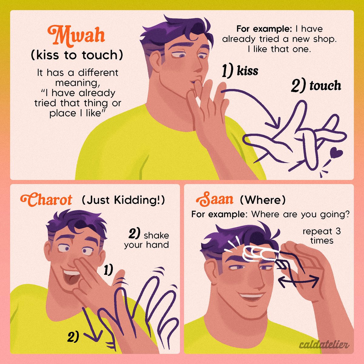caldatelier's tweet photo. Beki Sign is a vibrant, gay variation of Filipino Sign Language, specifically developed within the Deaf Filipino gay community.

Let's learn these unique words in Beki Sign. 
Happy Pride Month! https://t.co/sNGyi0wSZi