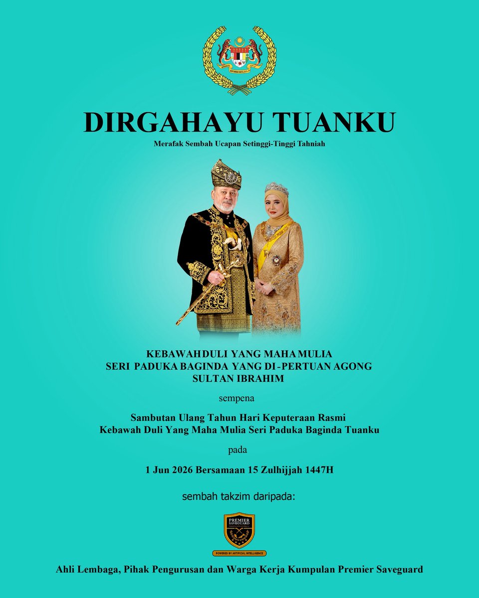 psg_ai_security's tweet photo. Dirgahayu Tuanku.

Merafak sembah dan setinggi-tinggi ucapan tahniah Kebawah Duli Yang Maha Mulia Seri Paduka Baginda Yang di-Pertuan Agong sempena Hari Keputeraan Rasmi Tuanku.

Semoga Allah SWT mengurniakan kesejahteraan, kesihatan yang berpanjangan serta melimpahkan rahmat https://t.co/O1GOLR2Q3r