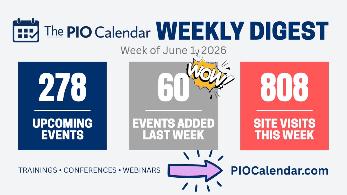 PIOCalendar's tweet photo. 🚨 Big week for The PIO Calendar!

60 new events added in the last 7 days.

Now featuring:
📅 278 upcoming opportunities
🌐 Virtual &amp; in-person training
📢 Crisis Comms
🚨 Emergency Management
🎤 Media Relations

Read this week’s digest: https://t.co/eEAmZTC59x https://t.co/l90v6XKTcl