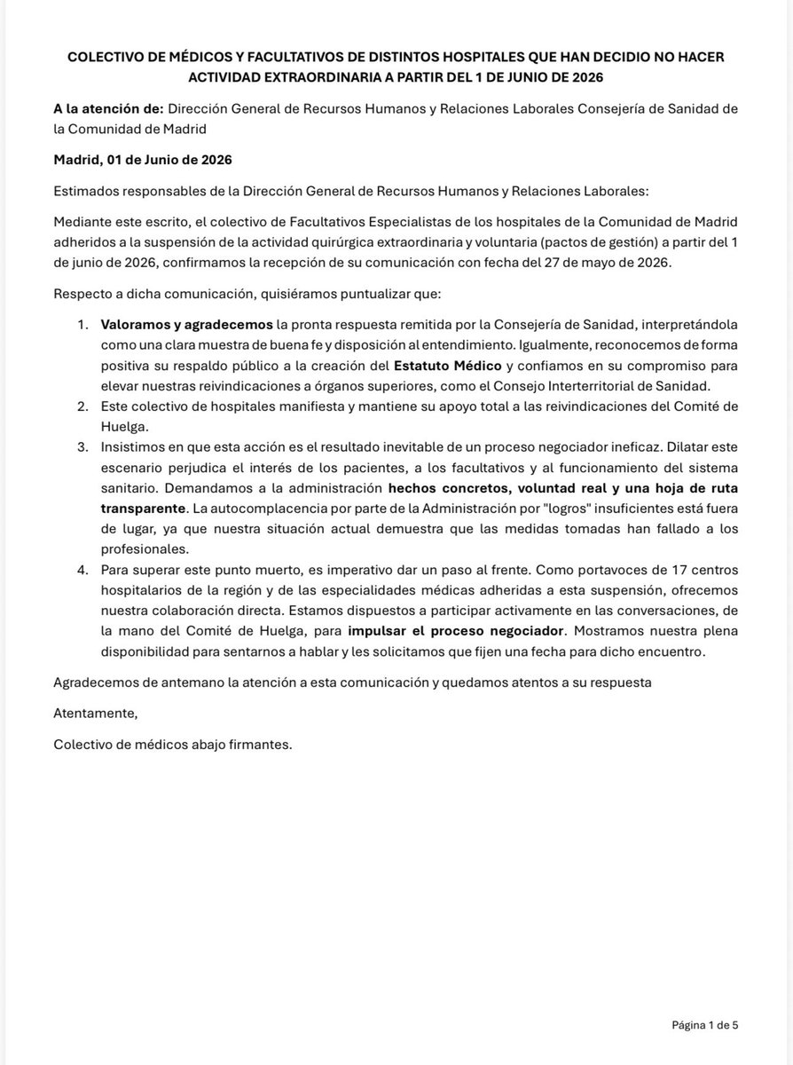 AnestesiaH12O's tweet photo. Comunicado firmado por médicos representante de los 17 hospitales que han dejado de hacer actividad extra en la Comunidad de Madrid, en el que instamos a la Consejería a reunirse con los profesionales y el Comité de Huelga. #peonadas https://t.co/3iZg4oJI1O