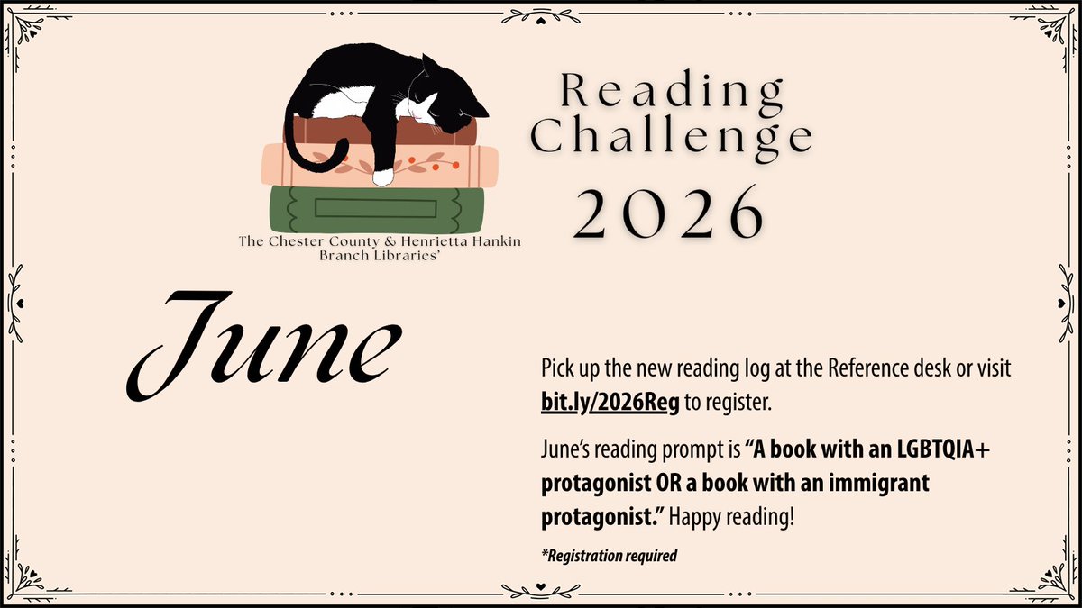 ChesCoLibrary's tweet photo. June’s Adult Reading Challenge is here! This month, explore books featuring LGBTQIA+ protagonists and/or immigrant protagonists. Need ideas? We’ve got great suggestions to get you started: https://t.co/6olAI797ip

#readingchallenge #libraryreadingchallenge  #publiclibrary https://t.co/YUwzZ9DEj3
