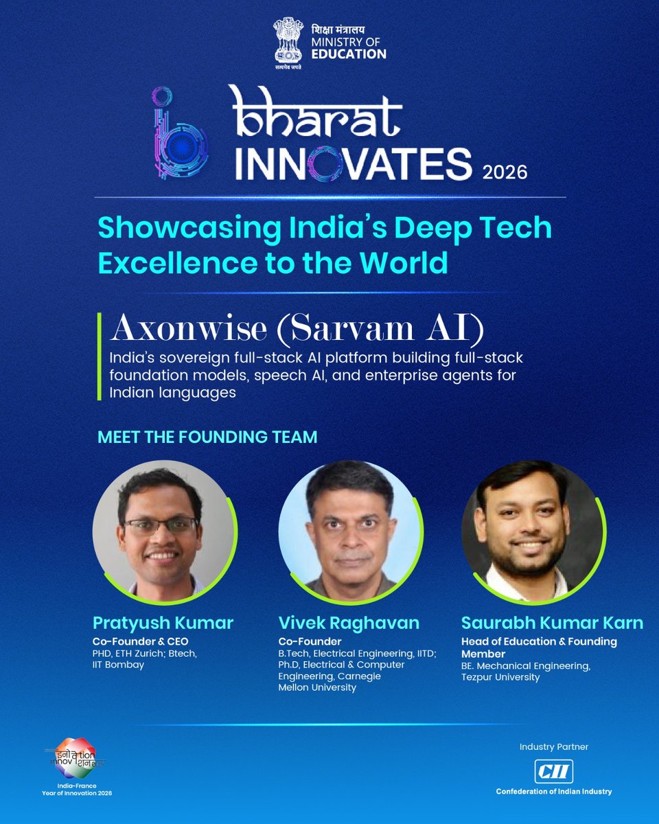 FollowCII's tweet photo. Join Bharat Innovates 2026 and witness India's leading deep techs and startups showcase breakthrough technologies on the global stage.
Axonwise (Sarvam AI) is India’s sovereign full-stack AI platform, building foundation models, speech AI solutions and enterprise agents for Indian languages.
Discover the innovations shaping the future and driving India's global impact in deep tech.
14–16 June, 2026📍Nice, France
@PMOIndia @EduMinOfIndia @dpradhanbjp @BharatInnov2026 @PrinSciAdvGoI @IndiaDST @AICTE_INDIA @iitbombay @IndiaembFrance @FranceinIndia @CGIMarseille @cii4education 
#BharatInnovates2026 #BharatInnovates #DeepTech #Innovation #IndianStartups #DeepTechIndia