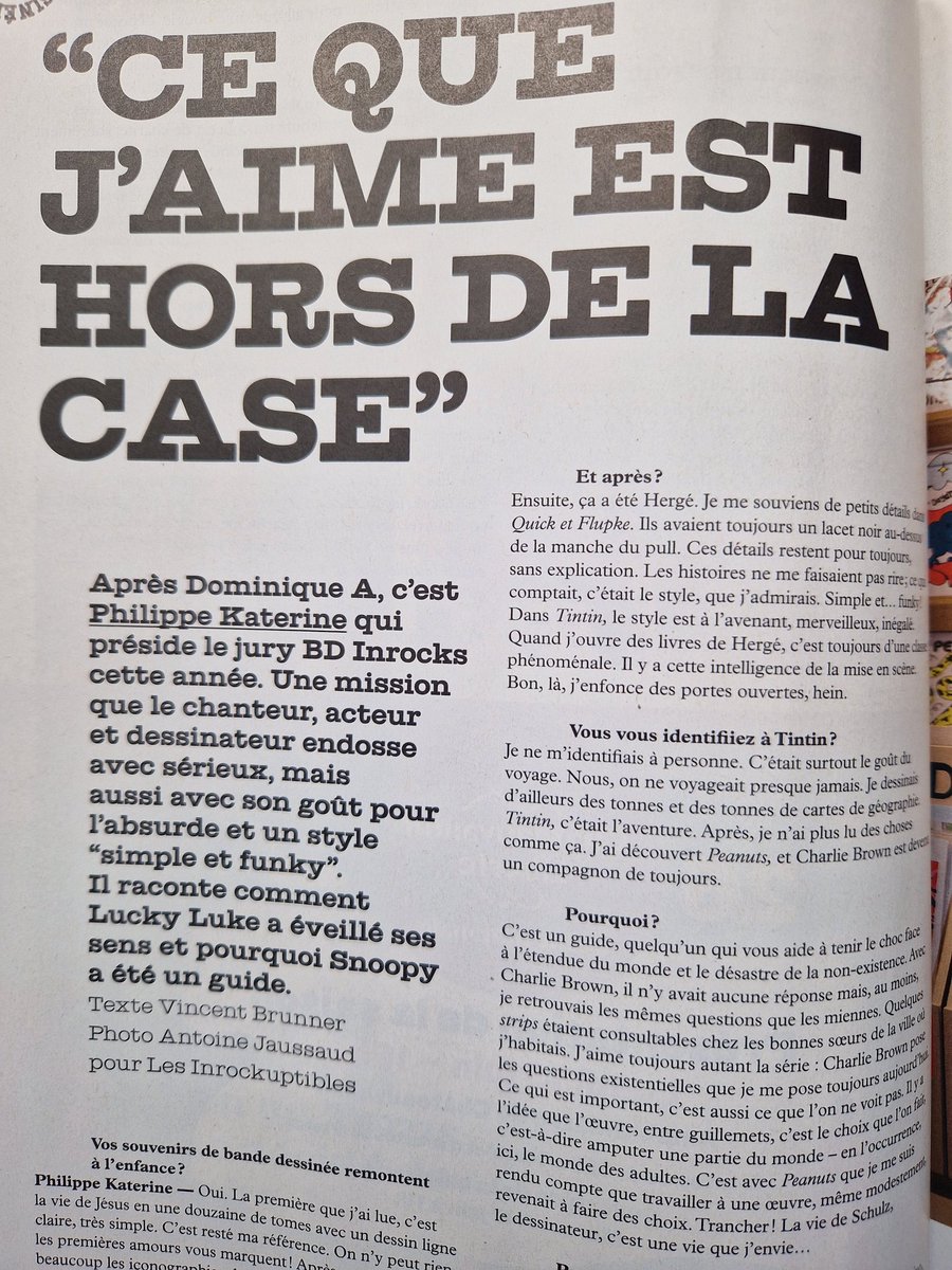 VinceBrunner's tweet photo. Dans le nouveau @lesinrocks deux musiciens parlent avec passion de bande dessinée : Philippe Katerine  (photo Antoine Jaussaud) avec qui j'ai eu le plaisir de parler de Peanuts, d'Edika ou dAnouk Ricard... dont justement Chassol loue "Ducky Coco" au micro de @fvergeade https://t.co/alaWf1c409