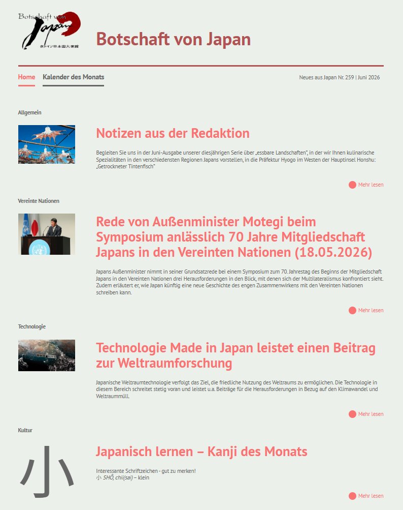 BotschaftJapan's tweet photo. Hier die Themen der aktuellen Juniausgabe unseres Webmagazins #NeuesausJapan: Notizen aus der Redaktion, 70 Jahre Mitgliedschaft Japans in den #VN, Weltraumtechnologie Made in #Japan🇯🇵 sowie das #Kanji des Monats.
➡️https://t.co/9iILKot3CB https://t.co/8zFljCgxY7