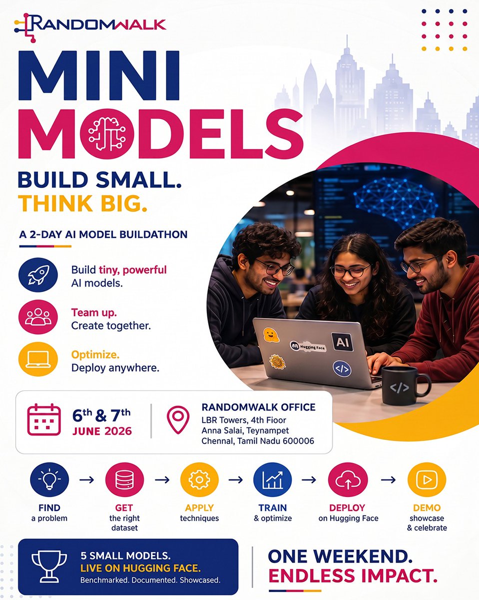 randomwalk_ai's tweet photo. Mini Models: Build Small. Think Big.🚀

Join our 2-day AI Buildathon in Chennai &amp; build your own fine tuned Small Language Models (SLM). 

Perfect for students, professionals, &amp; AI enthusiasts.

Register: https://t.co/hE2Jwhj5Fx

#AI #ML #LLM #EdgeAI #HuggingFace #Chennai #GenAI https://t.co/ff6JvYcV8k