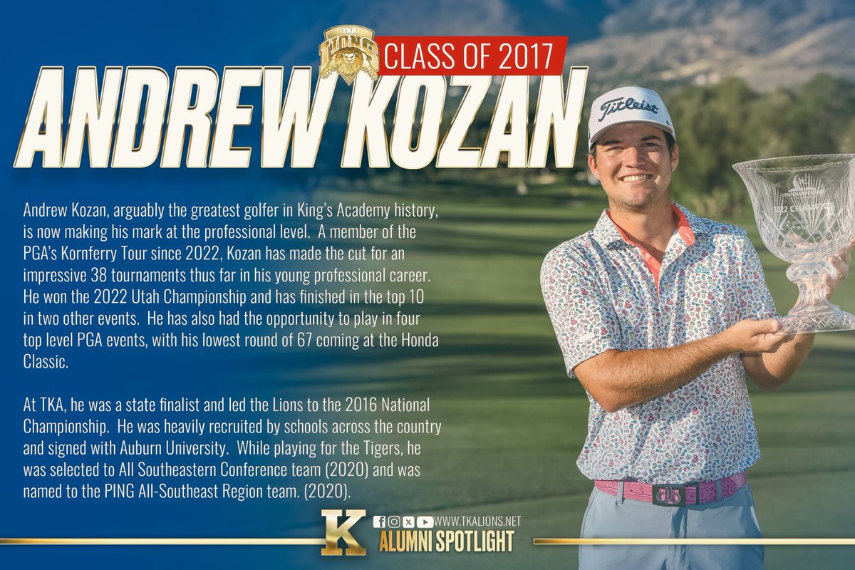 TKALions's tweet photo. It’s been 10 years since Andrew Kozan led the King’s Academy to a national championship in golf and his success  hasn’t slowed down. Catch up with the PGA tour hopeful and current Kornferry Tour star in today’s alumni spotlight! 

@TKAWPB @KornFerryTour @PGATOUR @pbphighschools https://t.co/2Dvh7Ep5EU