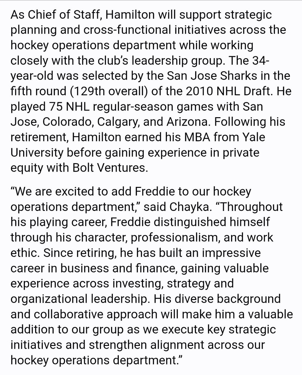 mirtle's tweet photo. Leafs announce they've hired Freddie Hamilton as chief of staff. 

Dougie's older brother who played briefly under Chayka in Arizona. https://t.co/938Yh2OCAh