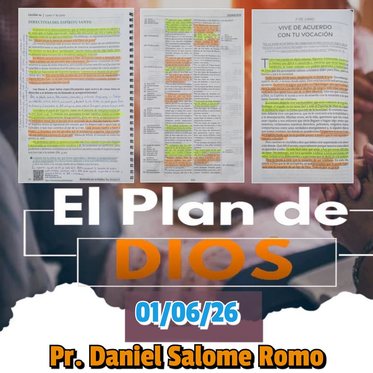 DanielSalomeR's tweet photo. 📖 EL PLAN DE DIOS #PrimeroDios🌅

🔰 #LesAdv:Directivas del Espíritu Santo

1️⃣El Espíritu Santo nos muestra nuestros pecados, produciendo una convicción sincera y guiándonos al arrepentimiento necesario para restaurar nuestra relación con Dios.
2️⃣Justificar nuestros errores endurece el corazón, pero reconocerlos humildemente permite que la gracia de Cristo transforme nuestra vida completamente.
3️⃣Escuchemos la voz del Espíritu Santo, arrepintámonos sinceramente, y permitamos que Cristo fortalezca nuestra comunión diaria con Dios.

🔰 #RPSP:Esdras 8

1️⃣Antes de emprender grandes desafíos, debemos buscar a Dios con humildad mediante oración, ayuno y dependencia total(v21)
2️⃣La mano de Dios guía y protege a quienes confiamos sinceramente en Él durante todo nuestro caminar(v22)
3️⃣Administrar fielmente los recursos confiados por Dios demuestra integridad y responsabilidad en el servicio espiritual diario(v28)

🔰 #DevMat:Vive de acuerdo con tu vocación

1️⃣Dios llama a cada persona a vivir como un hijo suyo, permitiendo que el Espíritu Santo forme nuestro carácter semejante al de Cristo.
2️⃣La humildad, la paciencia y el amor no surgen naturalmente, sino que son frutos producidos por el Espíritu Santo.
3️⃣Entreguemos nuestra voluntad a Dios, y permitamos al Espíritu Santo guiarnos a vivir dignamente nuestra vocación cristiana.

#Maranatha🌅
#DMCelendínSur