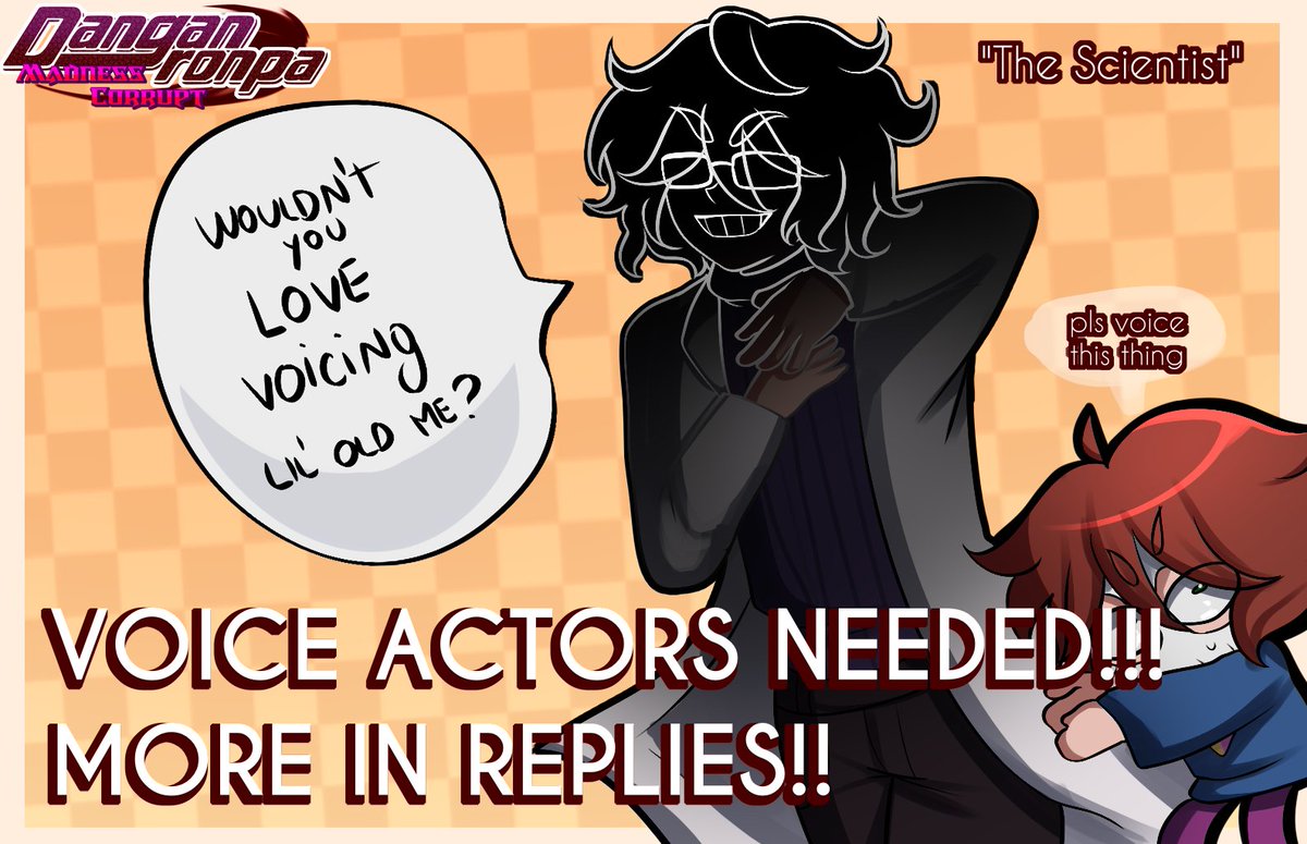 PlateDR_'s tweet photo. Looking for a VA (Masc) - [UNPAID]
FROM JUNE 1ST TO JUNE 5TH

Hello hello, dear fangan fans and voice actors alike! 
Today starts the search for a single VA for Madness Corrupt's trailer! If you're interested, all details will be provided below! https://t.co/eu2ShrqY8D