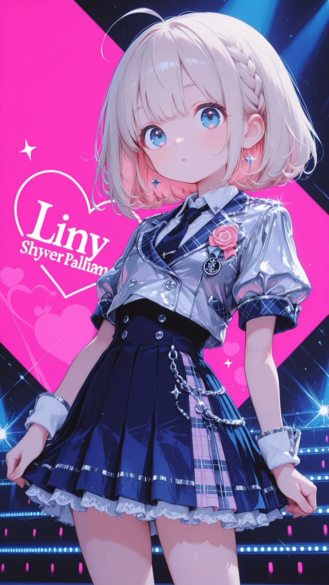AliceLavli's tweet photo. 坂道系アイドルの衣装プロンプトをどうぞ✨
idol stage costume, dark indigo denim fabric, pink and navy tartan plaid panels, fitted short-sleeve tailored jacket, asymmetrical front design, single-breasted closure, silver decorative button, sharply tailored waist silhouette, white shirt collar, dark navy necktie, puff sleeves, white folded sleeve cuffs, silver metallic trim along lapels and seams, pink tartan plaid lapel panel, decorative shoulder ribbon corsage made of plaid fabric, large pink letter patch on chest, embroidered chest badge, layered idol skirt, tiered pleated mini skirt, upper denim pleated layer, silver metallic trim on pleat edges, lower pink tartan plaid pleated layer, black sheer tulle hemline, white ruffled peplum layer at waist, silver accent trim on ruffles, structured stage costume silhouette, Japanese idol uniform aesthetic, concert costume design, highly detailed garment construction