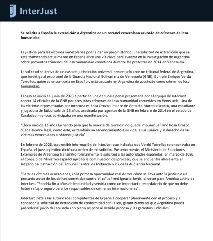 AlertaVzlaDDHH's tweet photo. Nos sumamos al llamado de #Interjust a @PoderJudicialEs @M_Presidencia @justiciagob para asegurar la extradición a Argentina del excoronel de la GNB, Ephraín Verdú Torrelles, quien se encontraría en España y está acusado en Argentina de asesinato como crimen de lesa humanidad. https://t.co/XO27H1twjL