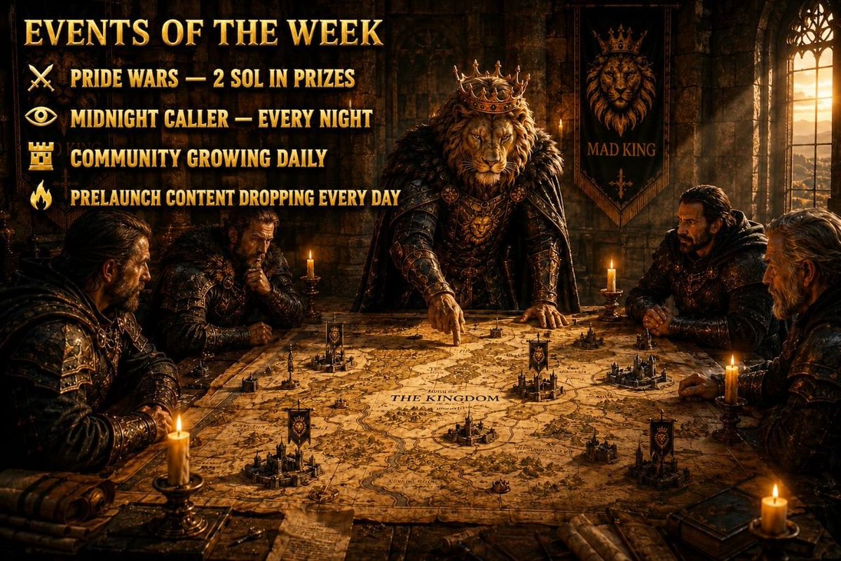 MadKing_SOL's tweet photo. The MAD KING has a plan. 👑

Launch is coming.
Every day counts.
Every warrior matters.

Here's what's happening this week:

⚔️ Pride Wars — 2 SOL in prizes
👁️ Midnight Caller — every night
🏰 Community growing daily
🔥 Prelaunch content dropping every day

And soon?

The date gets announced.
The whitelist opens.
The kingdom goes to war. ⚔️

Stay close. Stay loyal.
The MAD KING never sleeps. 👑

https://t.co/MTY6gkaU69

#MADKING #SOL #Solana #Crypto #Prelaunch