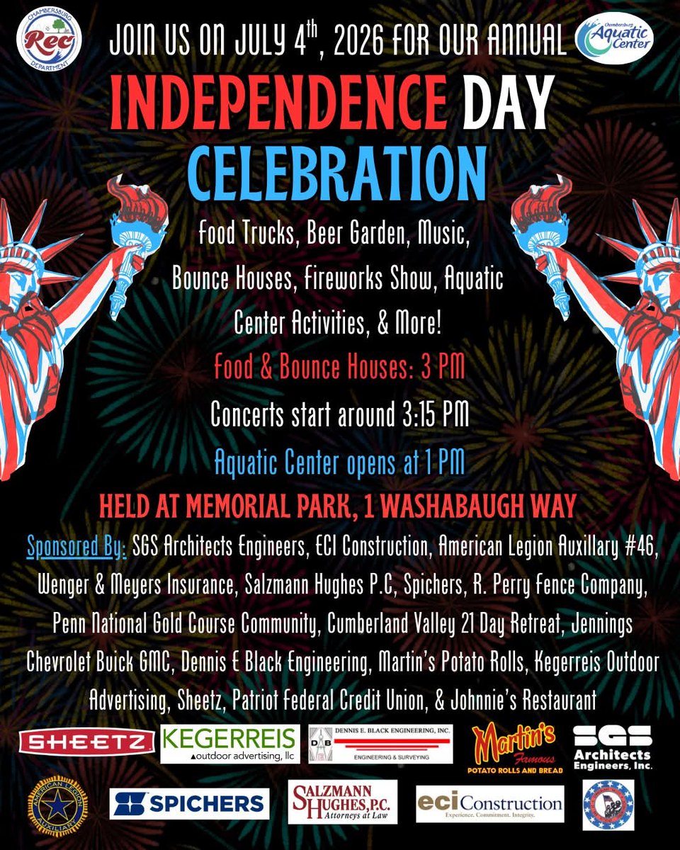 ChambersburgRec's tweet photo. 🎆Join us in celebrating America's 250th during our Independence Day Celebration! The fun begins at 3pm in #Chambersburg Memorial park on Saturday July 4th with food trucks, bounce houses, games/activities at the Aquatic Center, a fireworks show, and more. See you there! https://t.co/1MIY4Btzce