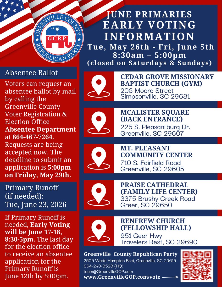 GreenvilleGOPx's tweet photo. 📢 If you aren’t available on Election Day, you have THIS WEEK to vote early!
Monday, June 1st – Friday, June 5th
8AM – 5PM
🔗https://t.co/swu9fbouPJ
Greenville County Republican Party
2505 Wade Hampton Blvd, Greenville, SC 29615 864-243-8528 | team@GreenvilleGOP.com
#EarlyVoting https://t.co/VFyukPpQZu