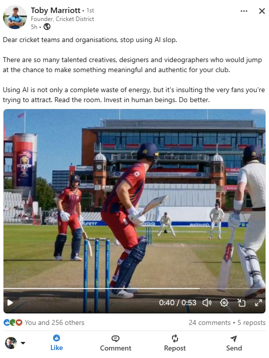 cric_blog's tweet photo. Toby from @cricketdistrict hits the nail on the head regarding Manchester Super Giants' awful video. https://t.co/A9Ha26dT9X