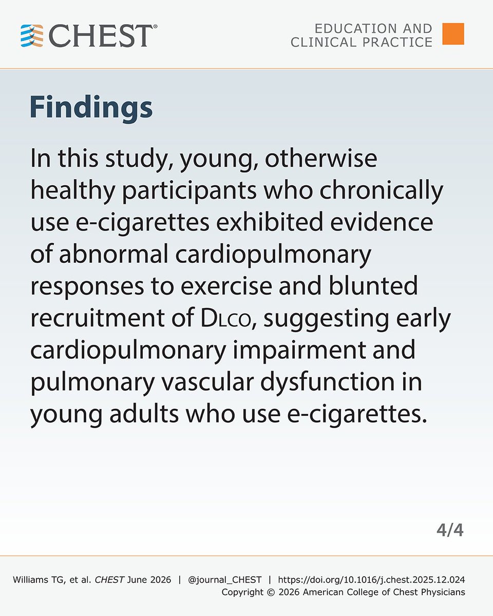 journal_CHEST's tweet photo. INSIDE LOOK 👀 Read from the upcoming issue (June 9): Do Young Individuals With Chronic E-Cigarette Exposure Display Cardiopulmonary Abnormalities During Exercise and Blunted Recruitment of Pulmonary Diffusing Capacity?
Read more: https://t.co/Xlxevq8DGf
#MedEd #JournalCHEST https://t.co/Ipiyc8UQkI