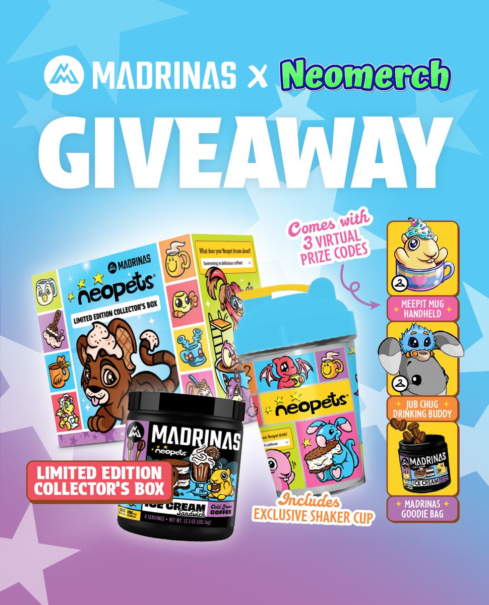 Neomerchdotcom's tweet photo. We've partnered with @MADRINAS to give you a chance to win one of three @Neopets Ice Cream Sandwich Cold Brew Collector's Boxes!
Enter between now and 6/14.
Open worldwide. (Anywhere MADRINAS ships.)

Enter here: https://t.co/86dkb94ObZ https://t.co/YOsTFFKNGU