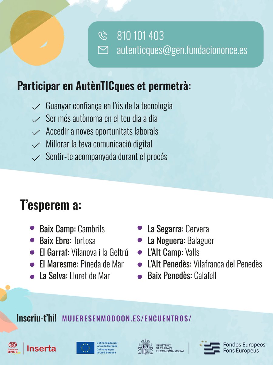 portalento_'s tweet photo. CAST: ¡Impulsa tu futuro digital con #AutènTICques!

Una formación gratuita pensada para mujeres con discapacidad que quieran mejorar sus competencias digitales, ganar confianza y abrir nuevas oportunidades personales y laborales.

📍 Próximos encuentros en diferentes comarcas de Cataluña
💻 Formación adaptada a todos los niveles
🎓 Beca de asistencia de 11 €/día
⚠️ ¡Plazas limitadas!

Desde nivel predigital hasta nivel intermedio, te acompañamos para que des el siguiente paso en el mundo digital.

👉 Inscríbete ahora: https://t.co/DOUOL5E5A2

CAT: Impulsa el teu futur digital amb #AutènTICques!

Una formació gratuïta pensada per a dones amb discapacitat que vulguin millorar les seves competències digitals, guanyar confiança i obrir noves oportunitats personals i laborals.

📍  Properes trobades a diferents comarques de Catalunya
💻 Formació adaptada a tots els nivells
🎓 Beca d’assistència de 11 €/dia
⚠️ Places limitades!

Des de predigital fins a nivell intermedi, t’acompanyem perquè facis el següent pas en el món digital

👉 Inscriu-t’hi ara: https://t.co/DOUOL5E5A2