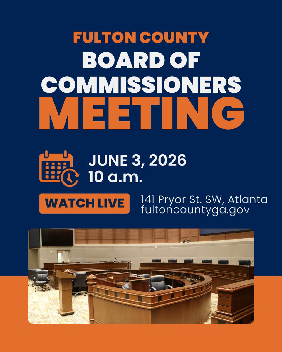 FultonInfo's tweet photo. The Fulton County Board of Commissioners will meet on Wednesday, June 3, 2026, at the Fulton County Government Center Assembly Hall.

Attend in person or watch live on Fulton Government Television (FGTV) https://t.co/uVojLODC9a

View the meeting agenda: [https://t.co/EOZ9ix9ubj] https://t.co/PH0OXljTbd
