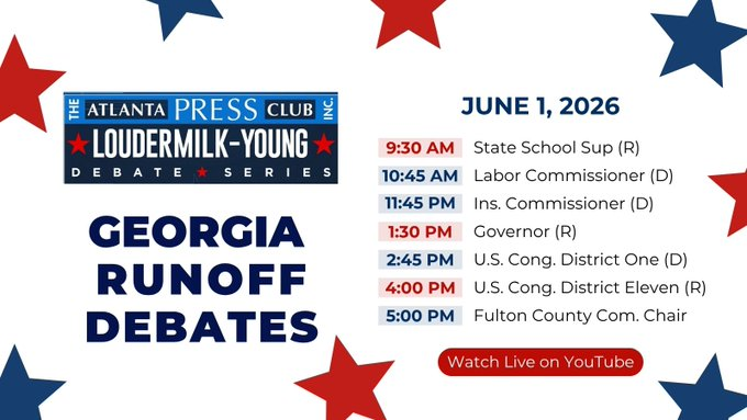 rahulbali's tweet photo. FINAL DAY: Atlanta Press Club Debates for the 2026 Primary Runoffs

They include Governor, State School Superintedent, Congress, Fulton Commission Chair and more. #gapol

Watch live on the Atlanta Press Club YouTube channel. They will also be posted at https://t.co/5LEb1QFOcw https://t.co/QewC0tIHJN