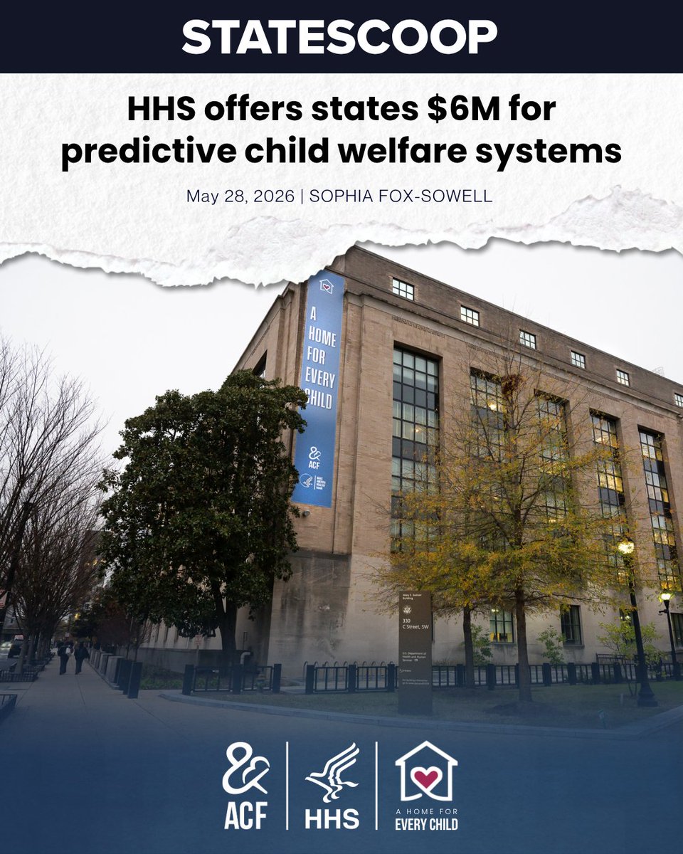 ACFHHS's tweet photo. A new $6 million competitive grant opportunity for child welfare agencies to pilot predictive analytics represents ACF’s latest push to help modernize supports children and families in need.
 
@State_Scoop explains: https://t.co/z6a8NAUyks https://t.co/w4EBg0th14