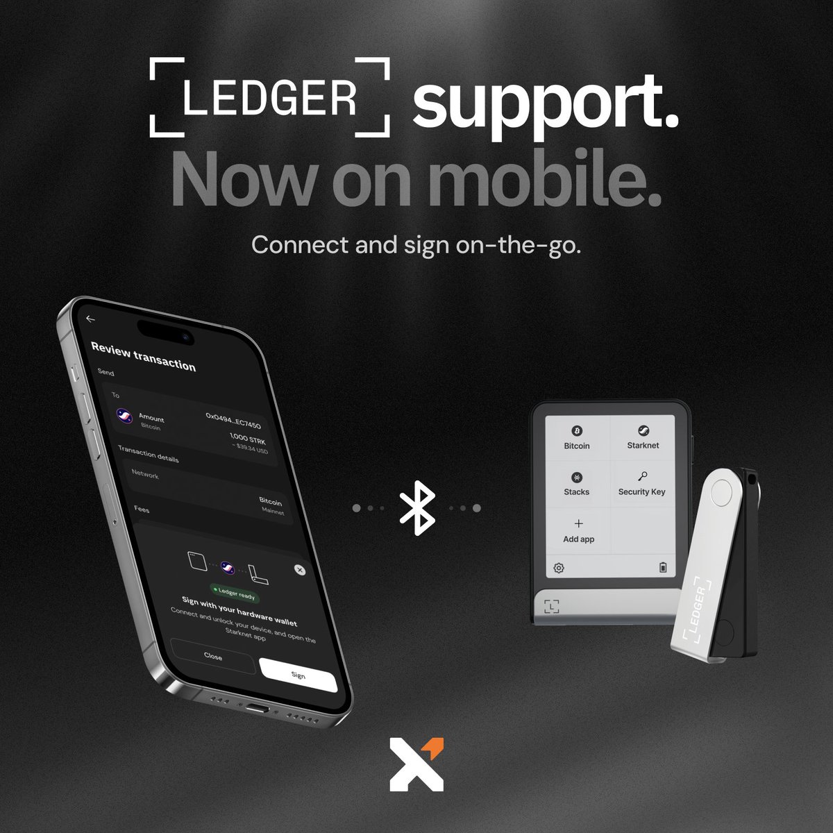 xverse's tweet photo. Your @Ledger Bitcoin doesn't have to sit idle anymore.

Connect over Bluetooth to the new Xverse mobile v2.4.
Earn yield. Swap. Manage BTC, @Starknet and @Stacks assets all from your phone.

Bank-grade security.
Fully transportable, anywhere.
Your keys never leave your device. https://t.co/pDmjNGVE6w