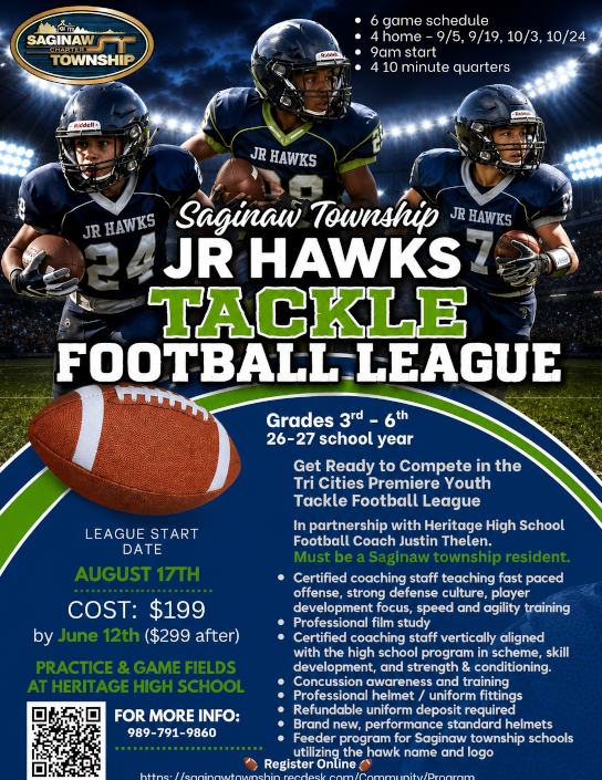 WeAreSTCS's tweet photo. Don’t get left on the sidelines- join the premier youth tackle football league in Saginaw County through the Saginaw Township Recreation Department and Heritage High School!
Reserve your spot now, save $100, and make sure your family scores big before registration closes! https://t.co/iQkGcdOYeA