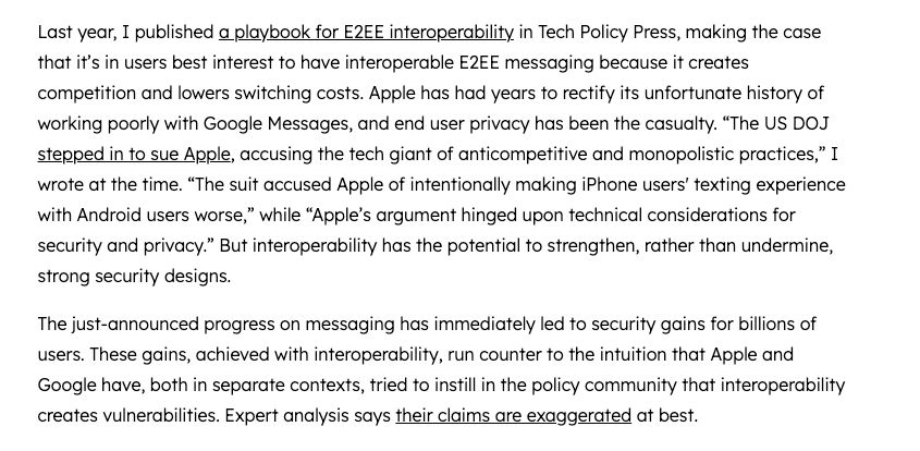 SayreEvan's tweet photo. For years, Apple argued—wrongly—that interoperable messaging between iPhone and Android would undermine security.

As the DoJ alleges, Apple has intentionally made the iPhone-Android texting experience worse. Finally, in adopting RCS, security and the experience will improve. https://t.co/PGToStRglV