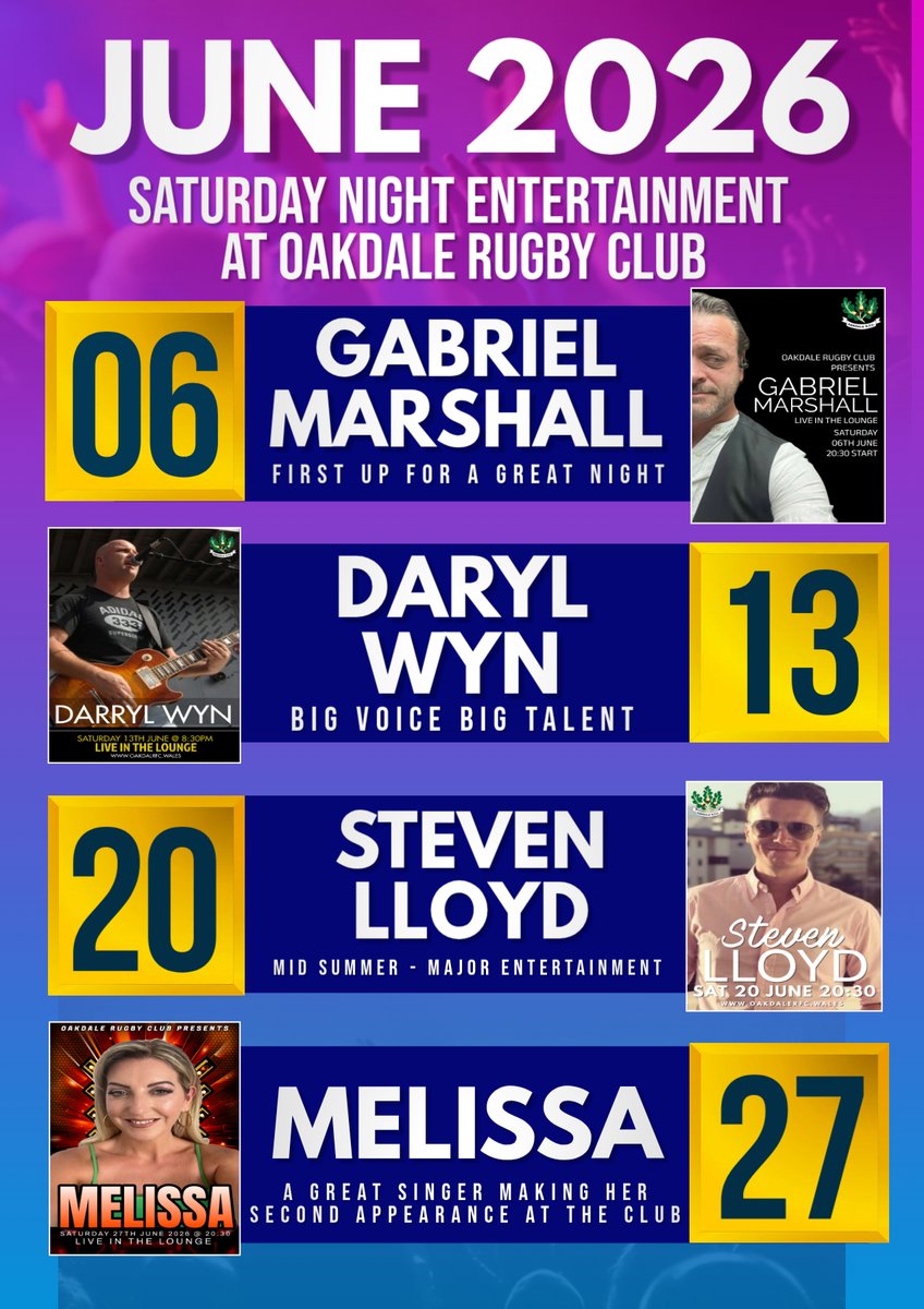 OakdaleRFC's tweet photo. Join us every Saturday night in June for incredible live performances by Gabriel Marshall, Daryl Wyn, Steven Lloyd, and Melissa. Experience mid-summer major entertainment all month long! #LiveMusic #OakdaleRugby #JuneEvents https://t.co/5SpFtUYl54