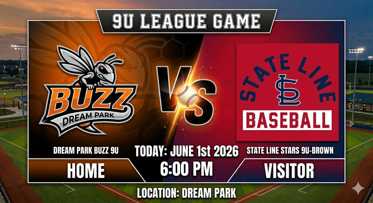STLStars9UB's tweet photo. ⚾️ GAME DAY | 9U League Action ⚾️

The State Line Stars 9U-Brown squad heads to Dream Park tonight for a league matchup against Dream Park Buzz 9U!

📅 June 1, 2026
🕕 First Pitch: 6:00 PM
📍 Dream Park

🔥 Stars vs. Buzz
💪 Compete every pitch!

#StateLineStars https://t.co/QrImlWsv2z