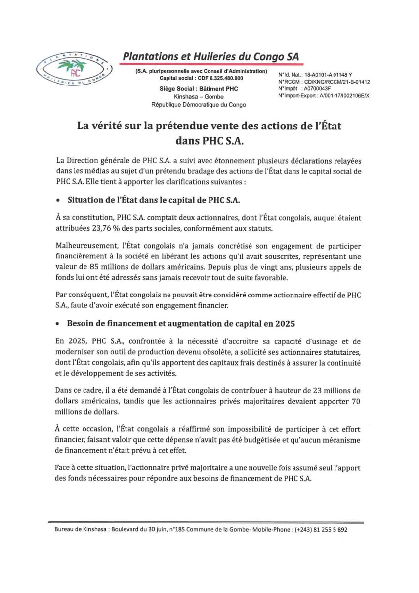 AzariasLigba83's tweet photo. #RDC_Dénonciation du complot orchestré contre le Ministre de l'Aménagement du Territoire @JLBussa . Par un communiqué officiel, la Société @PHC_RDC éclaire l'opinion et les organes impliqués notamment @PrimatureRDC, @JusticeGouvCD , @AssembleeNatRDC et @portefeuille_cd https://t.co/4yJ9kgdHsv