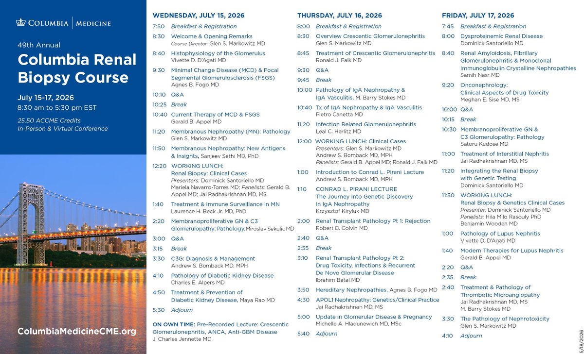 CUIMCMedCME's tweet photo. Day 1 of the 49th Annual Columbia Renal Biopsy Course is packed with foundational and cutting-edge content! From Histopathology of the Glomerulus to current therapy of MCD & FSGS, Membranous Nephropathy updates, and C3G — this is where the latest in glomerular disease meets practical biopsy interpretation. 
Join us in NYC or virtually https://t.co/wHpFUYW4FR 
#RenalBiopsy #Nephrology #CME  @AgnesFogo @ColumbiaMed @ColumbiaKidney @glomcon