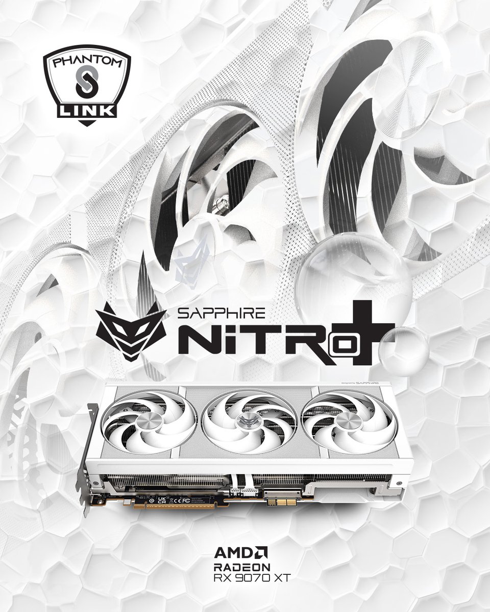 SapphireTech's tweet photo. PhantomLink on the SAPPHIRE NITRO+ AMD Radeon RX 9070 XT PhantomLink Polar Edition GPU is designed to work seamlessly not only with the SAPPHIRE NITRO+ X870EA PhantomLink motherboard series, but also with any motherboard equipped with the GC HPWR / BTF power connector https://t.co/mIFR6JYLnB