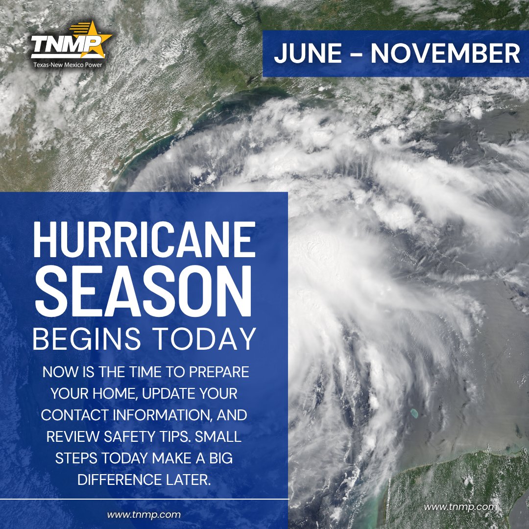 TNMP's tweet photo. We’ve been preparing all season—starting even before it began—to make sure we have a strong, reliable system in place should a hurricane come our way. 🌪️💪

Hurricane season (June–November) begins today, and now is the time to prepare. Take a few minutes to secure your home, review safety tips, and update your contact information—small steps today can make a big difference later.

Stay informed when it matters most. Sign up for power outage alerts and make sure your contact info is up to date so you can receive real-time updates before, during, and after a storm. ✅

https://t.co/1IKy1Tq0YJ
